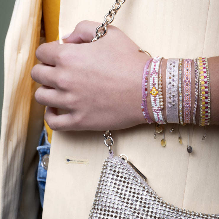 HANDMADE GLASS BEADS BRACELET IN PINK, BEIGE AND YELLOW TONES