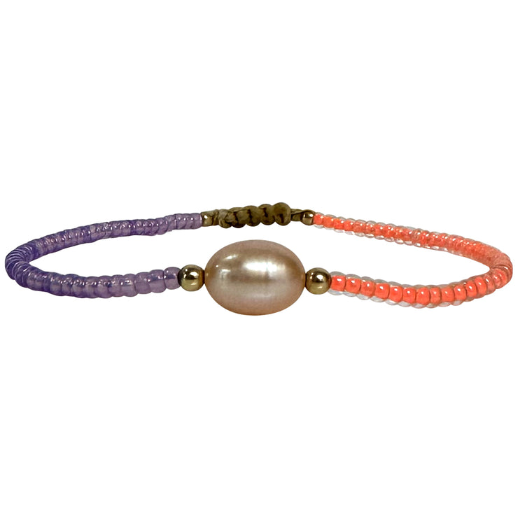 Handmade Amari Bracelet In Orange And Purple Tones Featuring Gold Beads And A Freshwater Pearl