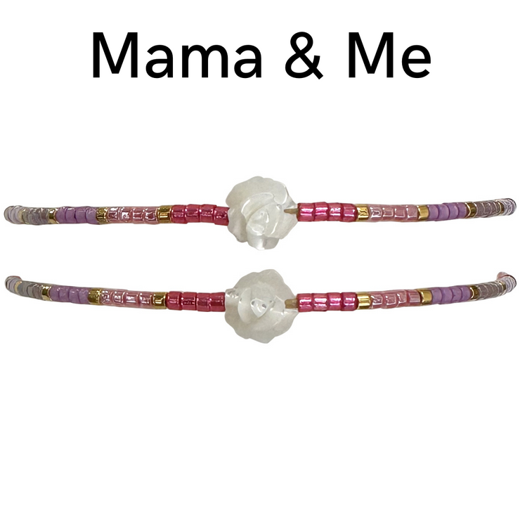 MAMA & ME HANDMADE BRACELET SET WITH MOTHER OF PEARL FLOWER DETAIL