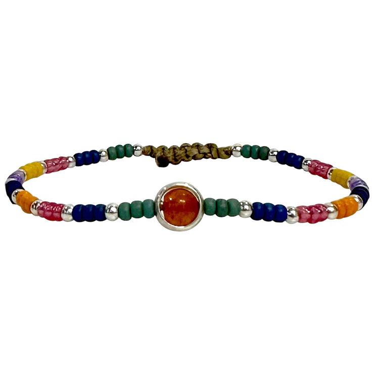 Multicolor Handwoven Kids Bracelet With Silver Beads and a Jade Semi-Precious Stone