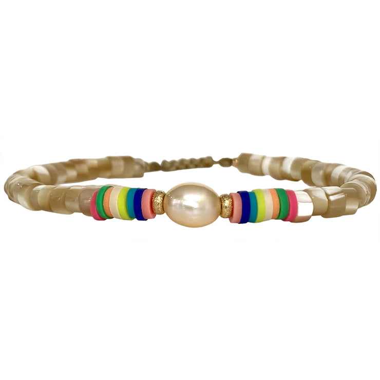 MOTHER OF PEARL & VYNIL BEADS BRACELET WITH GOLD DETAILS