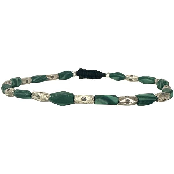 Handmade Bracelet with Green African Trade Beads and Silver Beads for Him