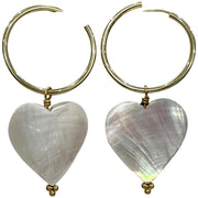 Introducing our exquisite handmade heart earrings crafted by our amazing team of master artisans. These beautiful earrings are the perfect accessory to add a touch of elegance and charm to any outfit.  The heart-shaped design is a timeless symbol of love and affection, making them an ideal gift for loved ones.     Details:  - Handmade earrings  - 24k Gold vermeil Hoop on 925 sterling silver   -Hoop diameter: 25mm, lenght: 48 mm  -Mother of pearl charm