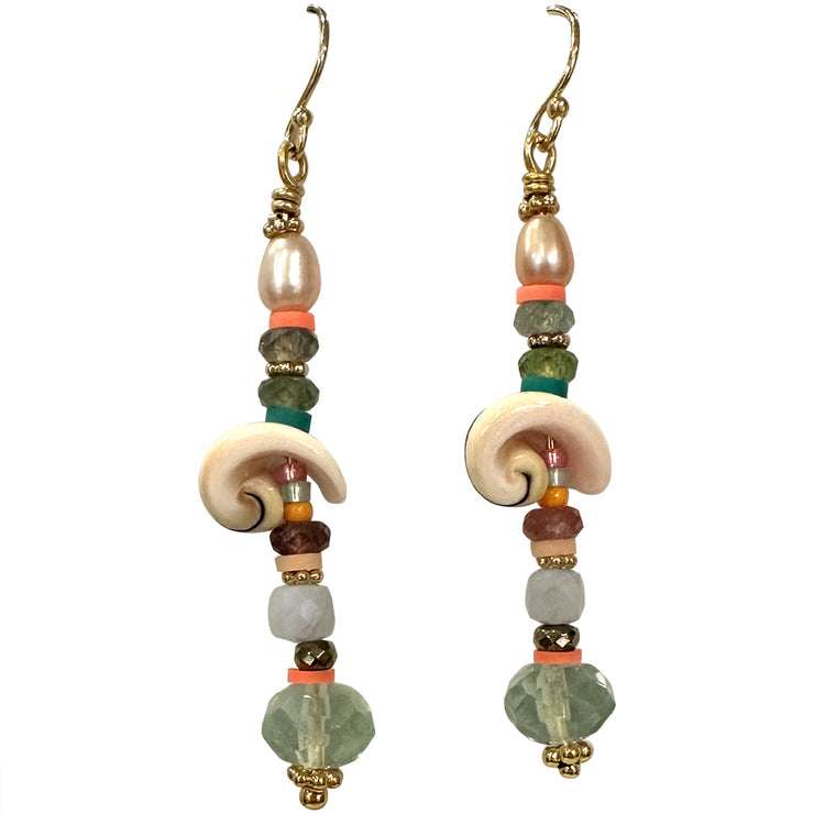 Caracola Earrings Featuring Shell Beads and Gemstones