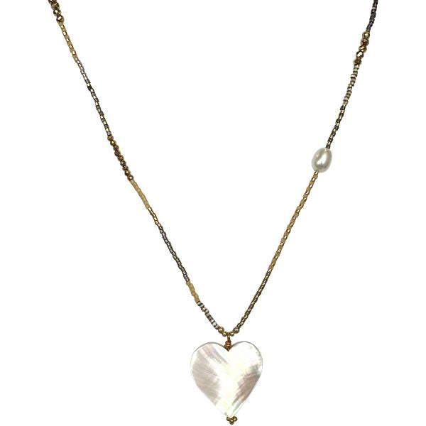 Mother Of Pearl Heart Charm Necklace in Grey Tones