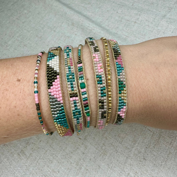 LIMITED STOCK PROMOTION: PAY 2, GET 3 Handmade Bracelets in Green and Pink Tones.