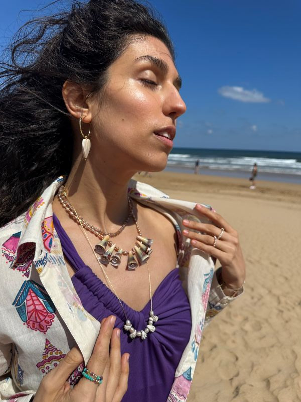 Handmade Gold Necklace featuring Freshwater Pearls and Sea Shells