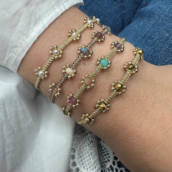 Lilac Handmade Bracelet with Natural Gemstones and Gold Details