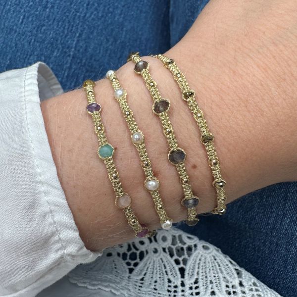 Handmade Stonesand Bracelet Featuring Labradorite Stones and Golden Beads