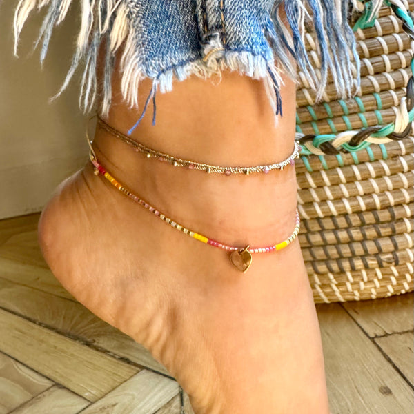 HANDMADE ANKLET BRACELET IN BRIGHT TONES WITH BRONZE HEART CHARM