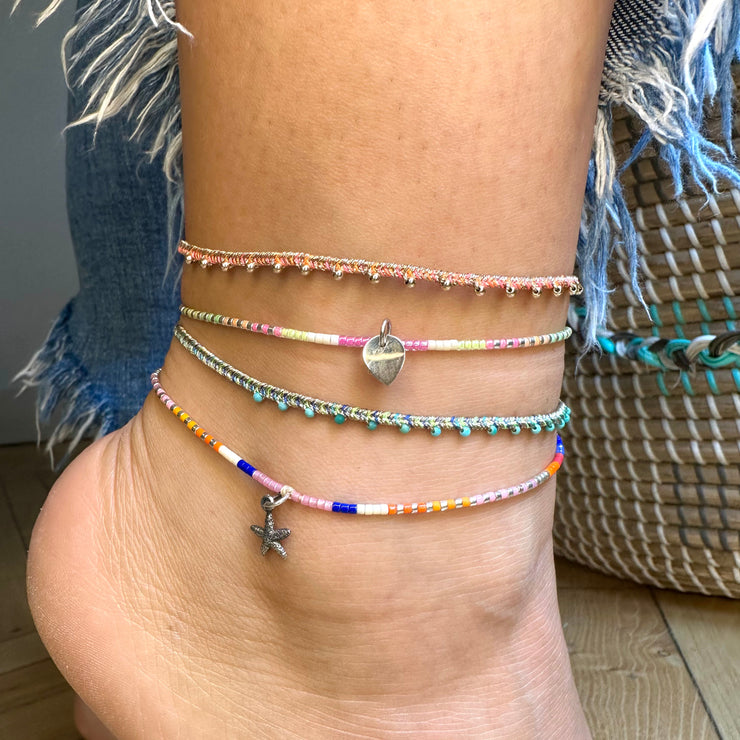 HANDMADE ANKLET IN NEON TONES FEATURING GOLD BEADS