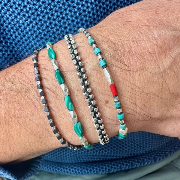 Handmade Bracelet with Green African Trade Beads and Silver Beads for Him