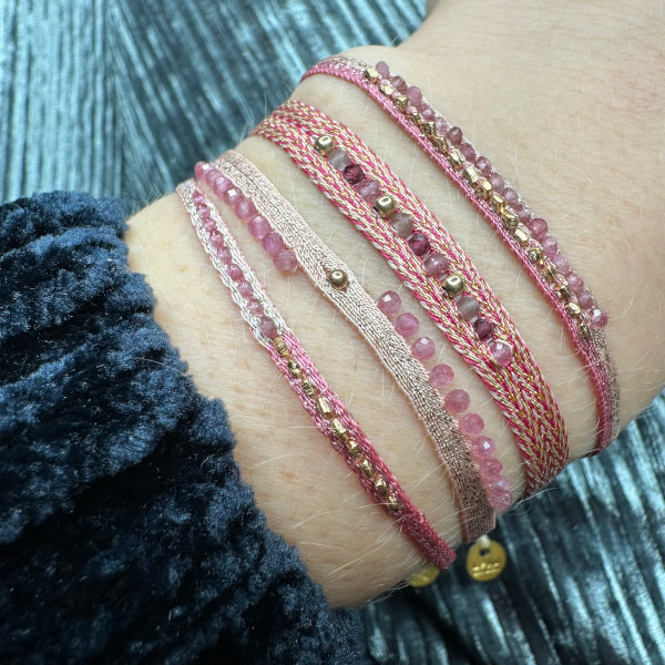 Handmade Harmony Bracelet Featuring Pink Tourmaline Semi-Precious Stones And Gold Beads Details
