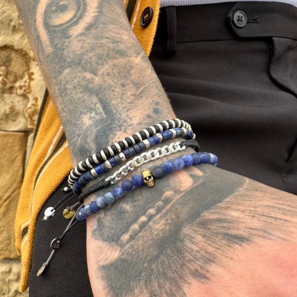 BRONZE SKULL BRACELET WITH SODALITE STONES FOR HIM