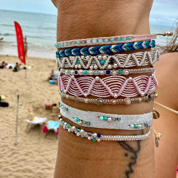 IRIS HANDWOVEN BRACELET FEATURING GEMSTONES AND SILVER BEADS