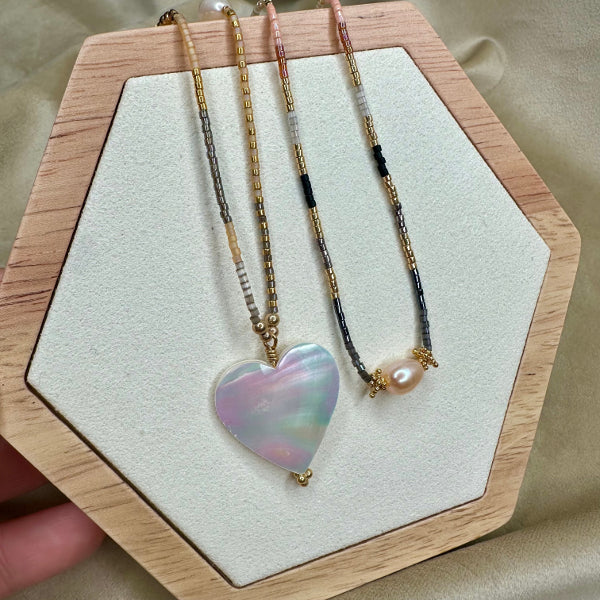 Mother Of Pearl Heart Charm Necklace in Grey Tones