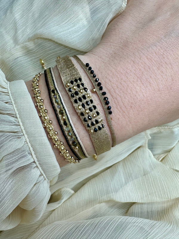 Handmade Colorzip Bracelet in Dark and Gold Tones With Intermixed Semi-Precious Stones and Gold Beads