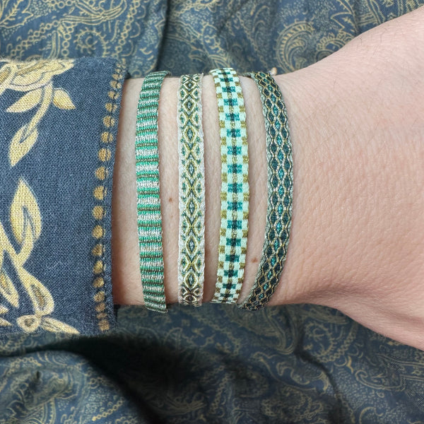 Handmade Set of Two Bracelets in Beige and Sparkly Green