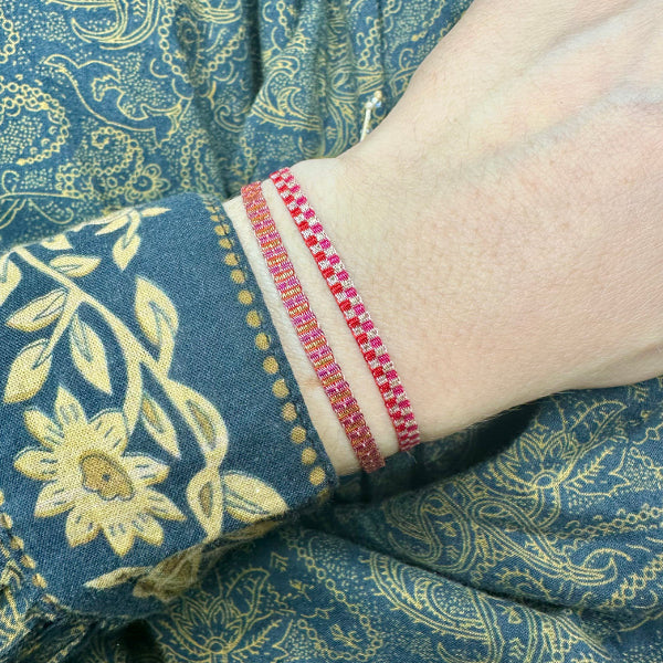 Handmade Set of two Bracelets in Beige, Red, Pink and Gold Tones