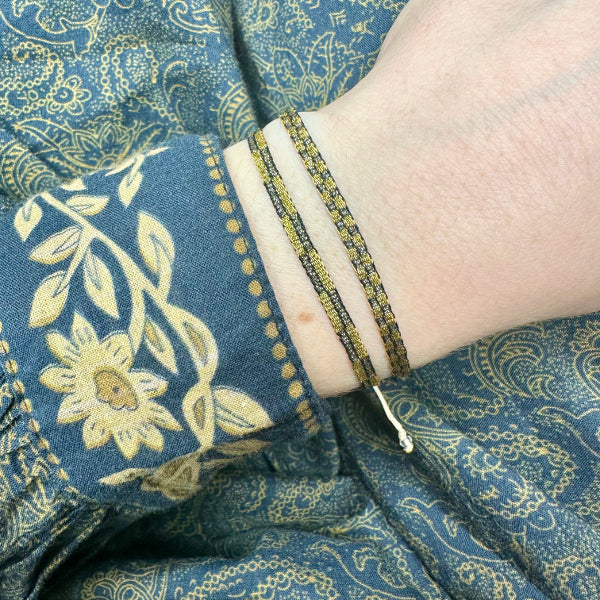 Handmade Set of Two Bracelets in Black, Silver and Gold