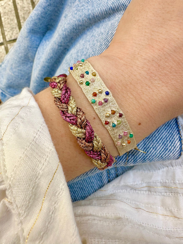 Handmade Vera Bracelet Using metallic Fuchsia and Golden Threads