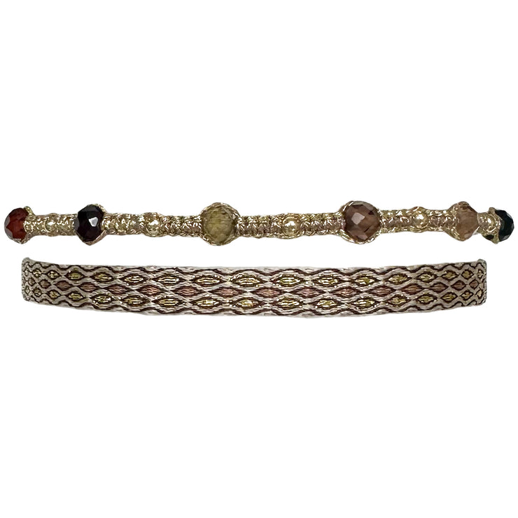 This beautifully bold set of three bracelets truly is "jewellery to make you smile". Using traditional artisanal handcrafting, each bracelet is hand-woven with techniques that take plenty of time and love. Wear yours stacked together or split between both wrists.  Details:      Intermixed semi-precious stones     14 k gold filled beads     Handwoven adjustable bracelet     Width 5mm, 3mm     Can be worn in the water