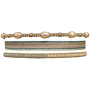     Fresh water pearls     14 k gold filled beads     Glass beads     polyester threads,     Handwoven adjustable bracelets     Width, 3mm, 5mm, 3mm     Can be worn in the water