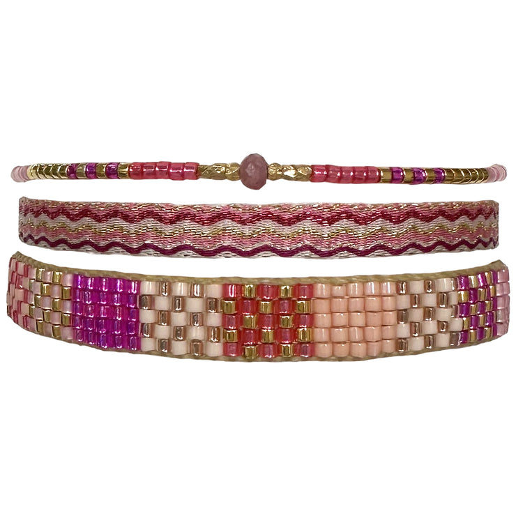 This beautifully bold set of three bracelets truly is "jewellery to make you smile". Using traditional artisanal handcrafting, each bracelet is hand-woven with techniques that take plenty of time and love. Wear yours stacked together or split between both wrists.  Details:      Japanese glass beads     Handwoven adjustable bracelet     Width 8mm, 5mm     Can be worn in the water