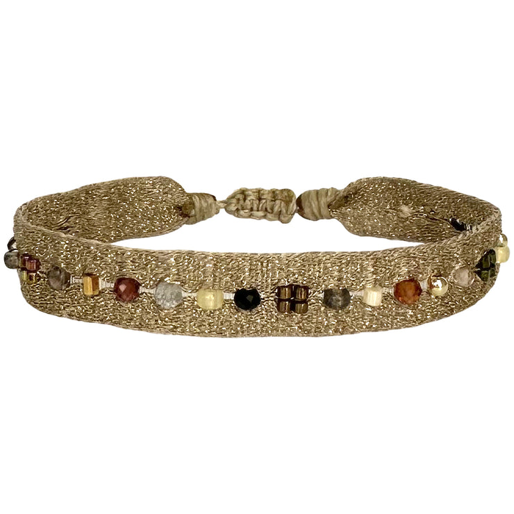 GOLDEN HANDWOVEN BRACELET FEATURING GEMSTONES AND GOLD DETAILS