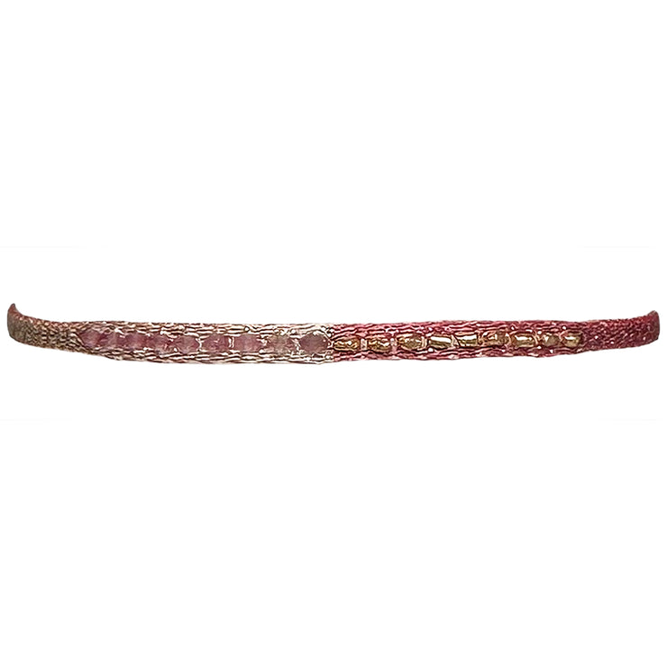 This LeJu bracelet has been handwoven in Colombia by our team of artisans using polyester threads, vermeil beads and pink tourmaline semi-precious stones that gives you love and confort.  Details:  - Pink tourmaline semi-precious stones  - Gold vermeil beads  - Handwoven using polyester threads  - Width 4mm  -Women bracelet  - Adjustable bracelet  -Can be worn in the  water