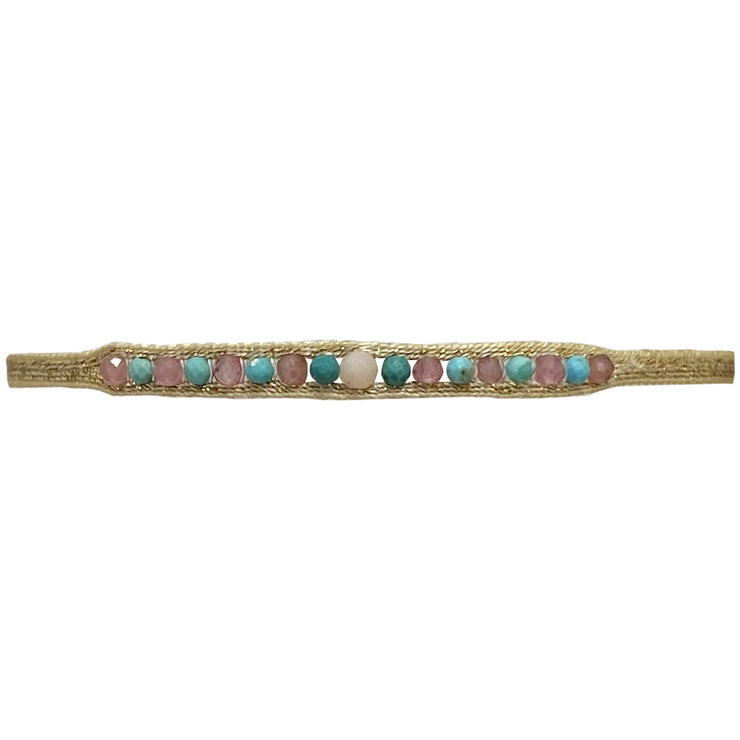 This LeJu bracelet has been handwoven in Colombia by our team of artisans using polyester threads featuring pink opal, turquoise and pink tourmaline stones.  A delicate bracelet in an elegant design. This handmade beauty is the perfect gift for someone special.  Details:  - Pink opla, turquoise and pink toumaline semi-precious stones  - Handwoven using polyester threads  - Width 3mm  -Women bracelet  - Adjustable bracelet  -Can be worn in the  water