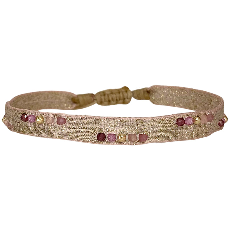 Iris Handwoven Bracelet Featuring Gemstones and Gold Details in Pink Tones