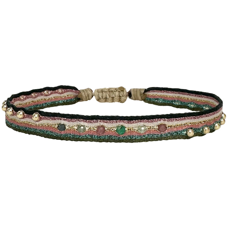 MAJESTIC HANDWOVEN BRACELET FEATURING INTERMIXED SEMI-PRECIOUS STONES AND GOLD BEADS