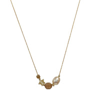 HANDMADE GOLD NECKLACE FEATURING FRESHWATER PEARLS, PEACH SUNSTONE AND MOTHER OF PEARL