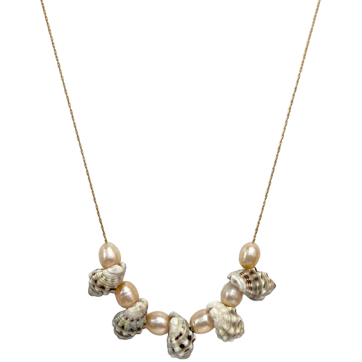 HANDMADE GOLD NECKLACE FEATURING FRESHWATER PEARLS AND SEA SHELLS