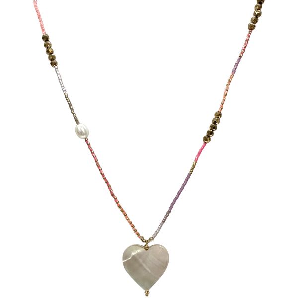 Mother Of Pearl Heart Charm Necklace in Neon Pink Tones
