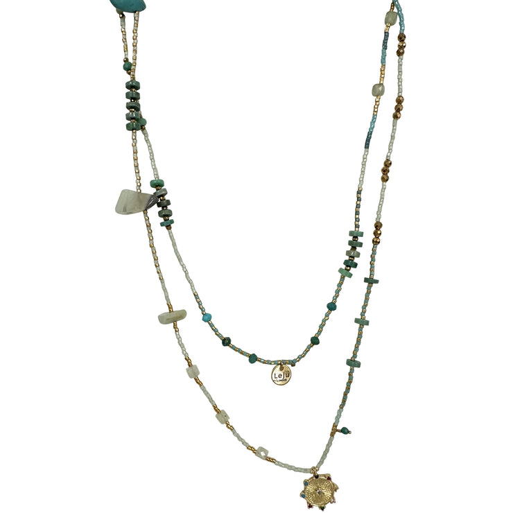 SUN LONG NECKLACE IN TURQUOISE & GOLD TONES