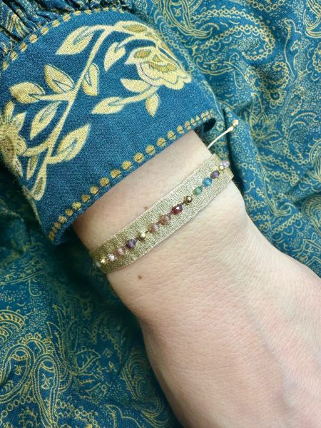 Golden Handwoven Bracelet Featuring Tundra Shappire Semi-Precious Stones and Gold Beads