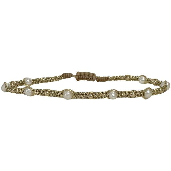 Handmade Stonesand Bracelet Featuring Freshwater Pearls and Golden Beads