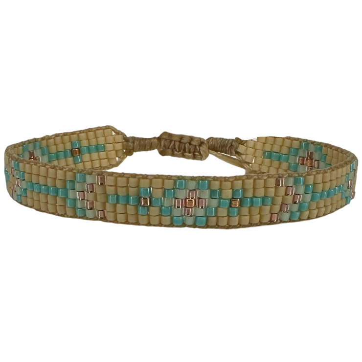 Beaded Handmade Bracelet In Beige, Blue & Copper Colors