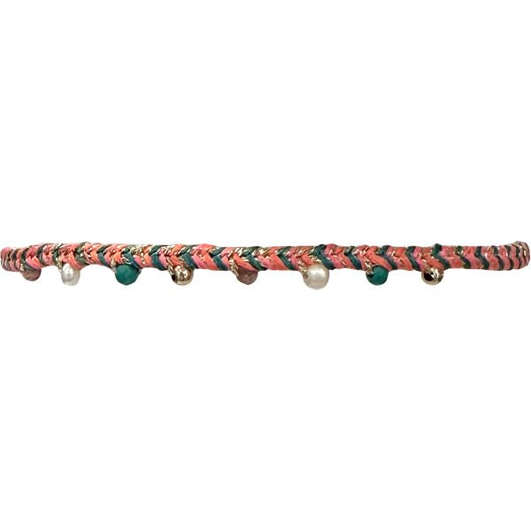 Handmade Velvet Bracelet in Pink Neon featuring Semiprecious Stones and Gold