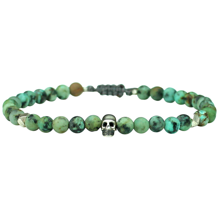 HANDMADE GEMSTONES BRACELET FOR HIM FEATURING AFRICAN BULLS EYE STONES AND A SILVER SKULL