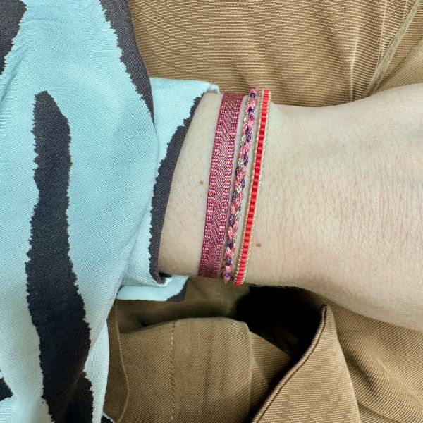 Handmade Set of Three Handmade Bracelets in Red and Fucsia Tones