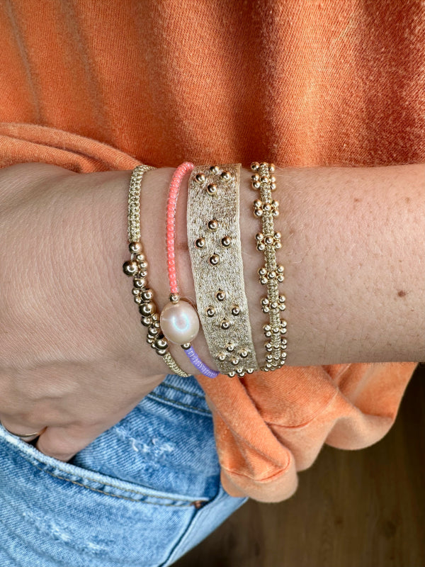 Handmade Amari Bracelet In Orange And Purple Tones Featuring Gold Beads And A Freshwater Pearl