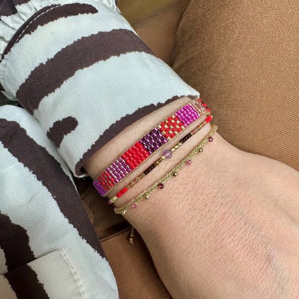Handmade Set of Three Bracelets in Fucsia and Gold Tones