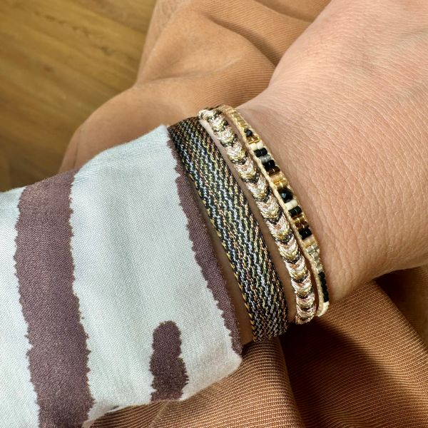 Handmade Set of Three Bracelets in Black and Gold Tones