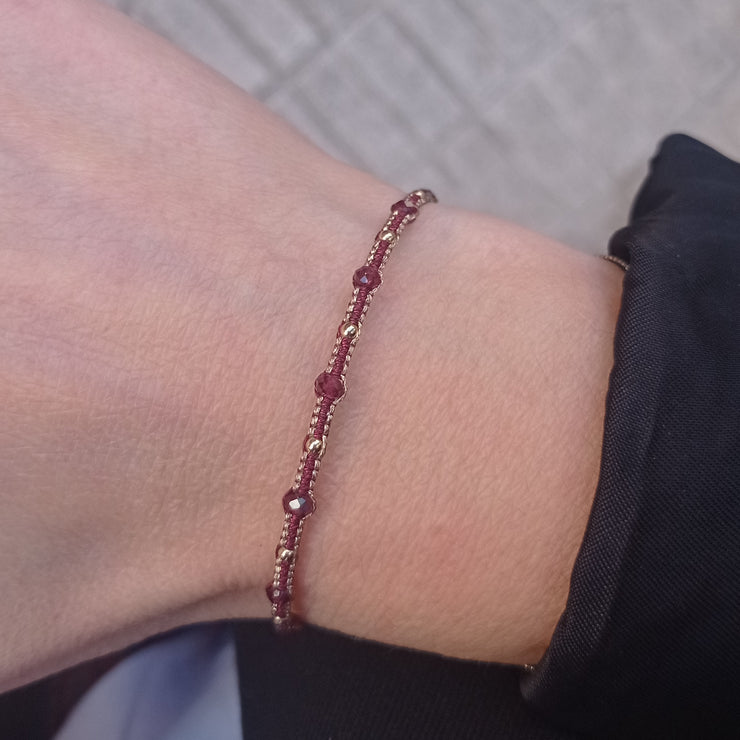 HANDMADE STONE SAND BRACELET FEATURING RHODOLITE STONE AND GOLD BEADS DETAILS