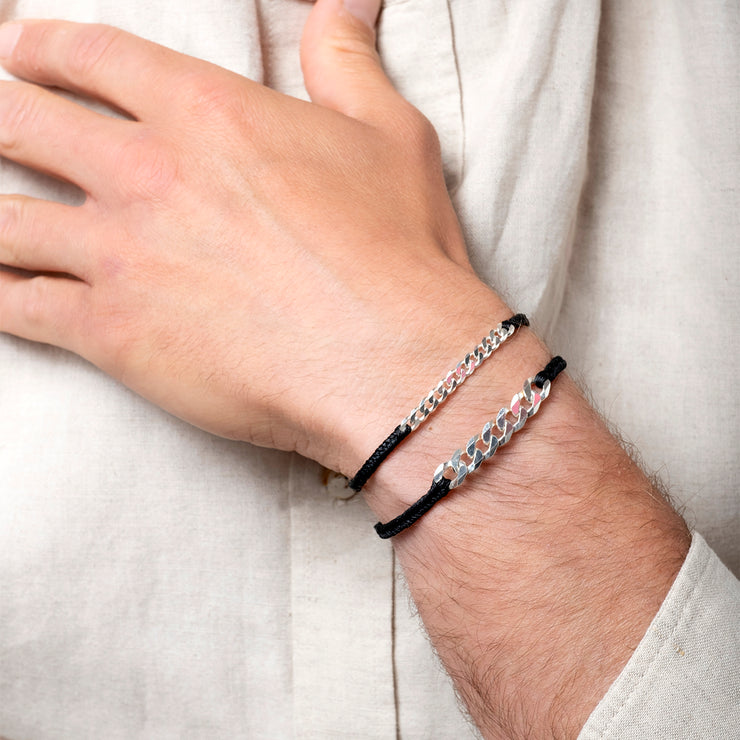 Curve Handmade Bracelet For Him in Black Tones With Silver Chain Detail