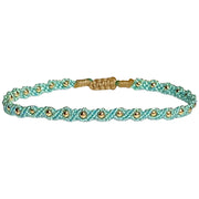 HANDWOVEN LUSH BRACELET IN BLUE TONES WITH GOLD BEADS