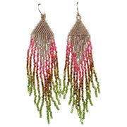 Elevate your looks with LeJu's earrings featuring semi-precious stones. High quality Japanese glass beads in tones pink  and silver.  perfect for your boho looks.  Details:  - Handmade Earrings  - Gold filled hooks  - Japanese glass beads  - Length 85mm  - For pierced ears